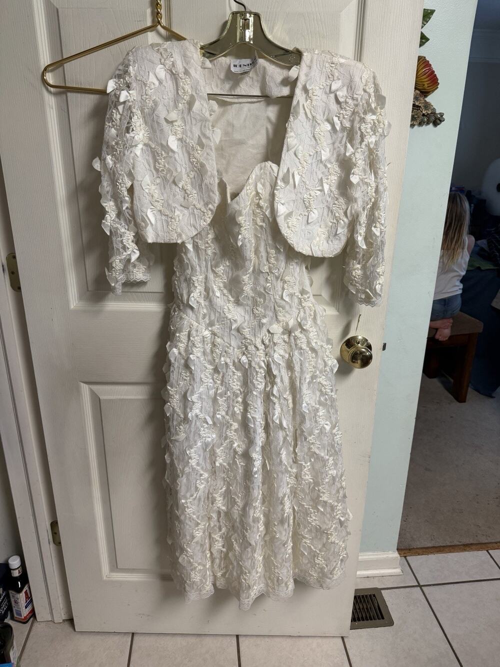 Vnt 80s Textured White Lace Dress W/ Matching Cover Bolero 2pc Smocked Small 32w